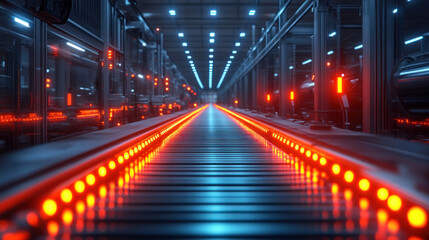 Fototapeta premium An industrial background showcasing robotic conveyor systems illuminated with cool industrial lighting