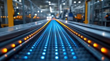 Fototapeta premium An industrial background showcasing robotic conveyor systems illuminated with cool industrial lighting