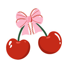 Cherry with pink ribbon bow on white background.