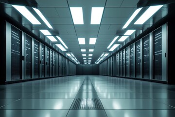 Naklejka premium High-tech data center with rows of metallic server cabinets, illuminated by bright white lights, set against the backdrop of an empty room