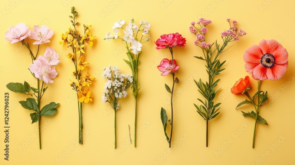 Aufkleber fresh flowers arranged neatly on a bright yellow background with a blank center space for text or gr