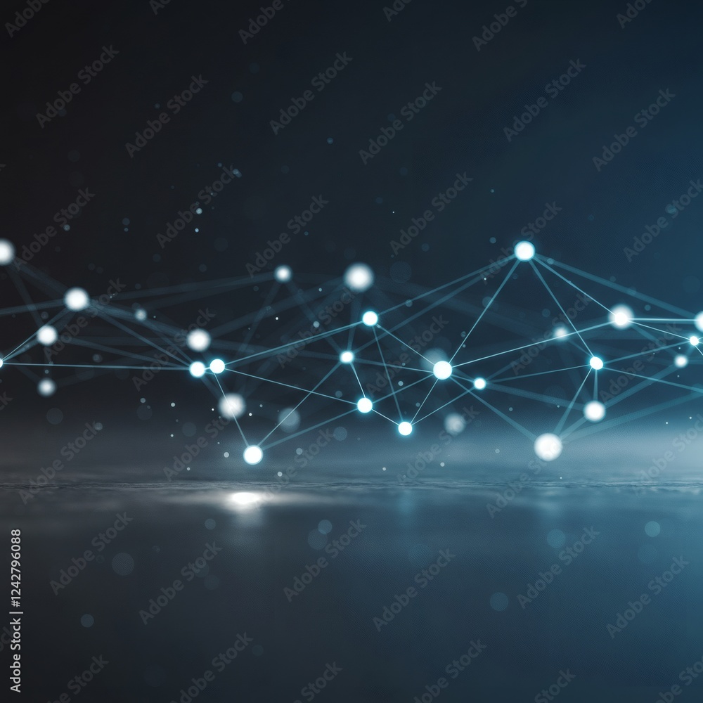 Poster ai image depicts a blue network connecting luminous points above a reflective dark floor, representi