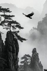 Fototapeta premium In the early morning, on Mount Huangshan in Anhui Province, foggy mountains and rocks surround an eagle flying over the scene, with a minimalist composition. 