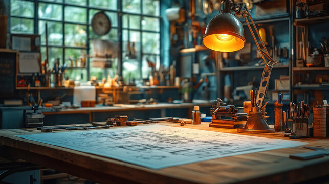 Blueprints spread out under a modern drafting lamp, with precision tools neatly arranged nearby