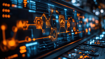 Obraz premium Digital icons representing global supply chains, automation, and energy optimization on a virtual dashboard