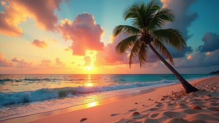 Serene Sunset on a Tropical Beach with Palm Tree Silhouetted Against a Vibrant Sky