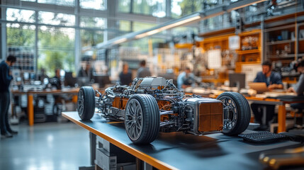 Engineers developing zero-emission transportation solutions in a collaborative workspace