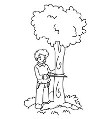 Cute cartoon hand drawn vector Man Cutting tree coloring page.