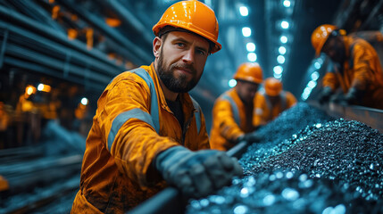 Heavy industry workers in a mining facility operating massive conveyor systems and sorting raw materials