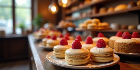 A delectable display of delicate pastries, each topped with a vibrant raspberry, arranged on pristine white plates, showcases the artistry of a skilled baker in a warm, inviting bakery setting.