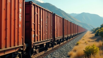 Fototapeta premium Long freight train of rusty-red cargo containers traversing a scenic railway line