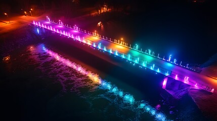 Vibrant illuminated bridge at night, colorful lights reflecting on water, serene atmosphere, ideal for evening strolls.