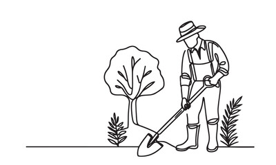 continuous one single black line art doodle drawing of farmer holding shovel and planting tree illustration on white background