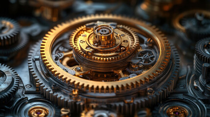 Obraz premium Interlocking gears in a mechanical clock, with golden brass highlights and a sense of intricate detail