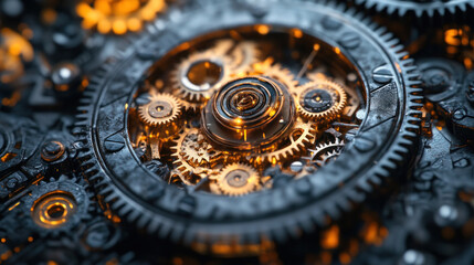 Intricate interlocking gears spinning in an old mechanical clock, capturing motion and detail