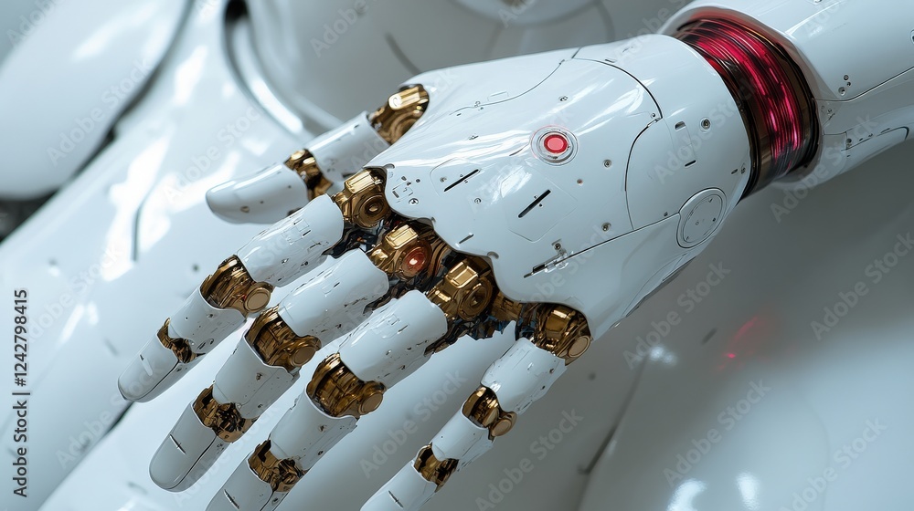 Poster close-up of a futuristic robotic hand showcasing intricate design and advanced technology elements