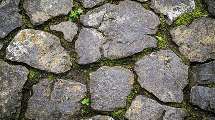 Grey Stone Pavement With Moss And Small Plants