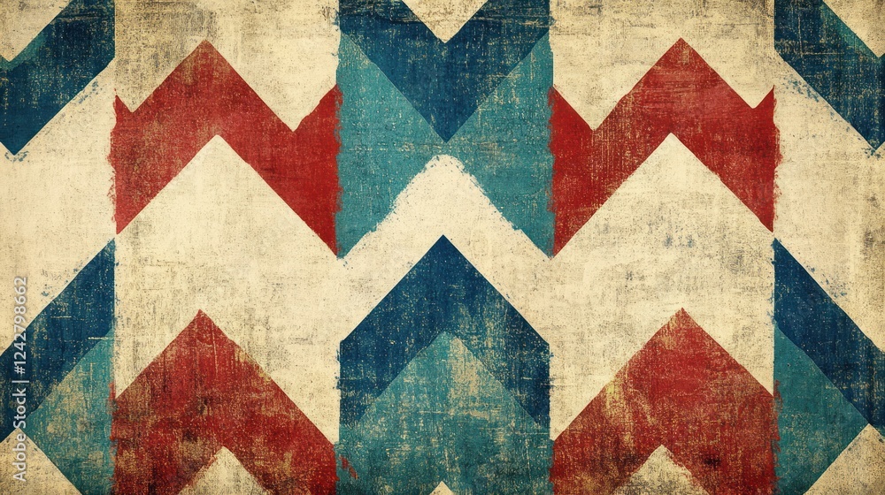 Poster Abstract Chevron Pattern In Red Blue And Beige Tones