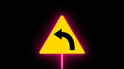 Neon traffic sign on black background. Left side indicator road sign.