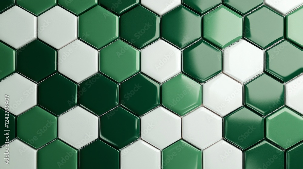 Poster intricate hexagonal tiles decorate a wall, showcasing a rich palette of green shades complemented by