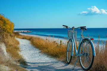 Fototapeta premium A bike parked near a beach with the ocean in the background