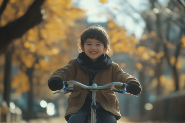 A child in plain clothes rides a bicycle in the park with a wide smile