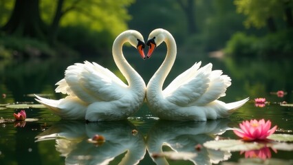 Fototapeta premium Serene Swans Forming a Heart Shape on a Calm Pond with Lily Pads