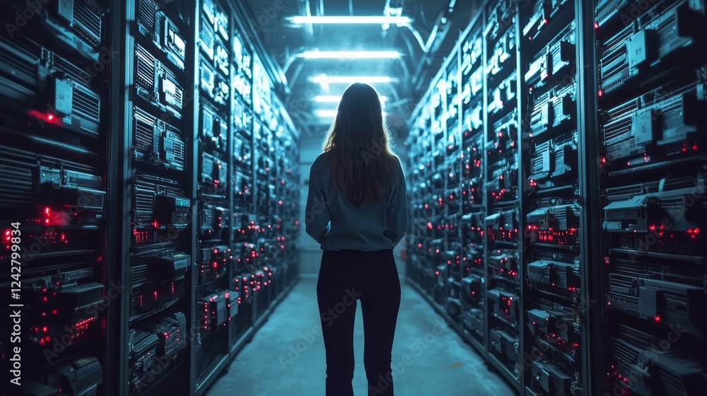 Poster a woman stands in a vast data center, illuminated by blue and red lights, facing rows of server rack