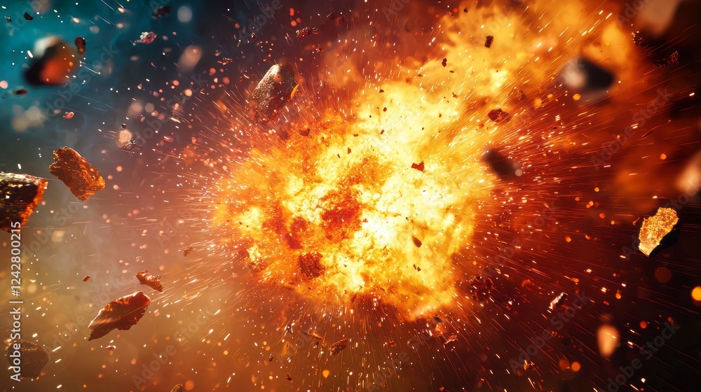 Poster a powerful blast erupts, sending fragments and fiery elements in all directions. the explosion illum