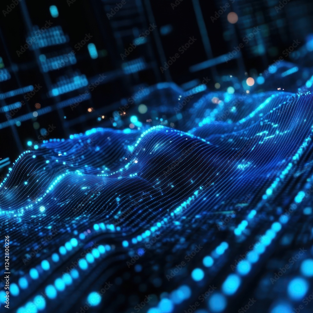 Poster abstract digital blue waves with data clusters in dark space for tech, ai, or data science uses