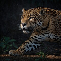 Obraz premium A jaguar emerging from the shadows, its muscular body tense and ready to pounce.