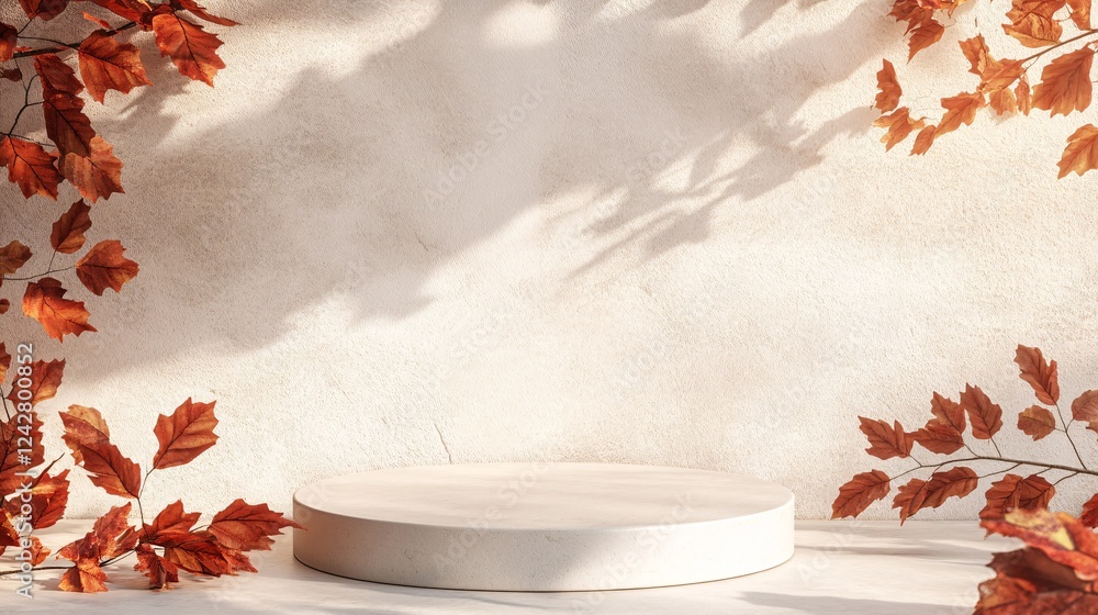 Aufkleber empty round podium displaying on table with autumn leaves decoration on the sides