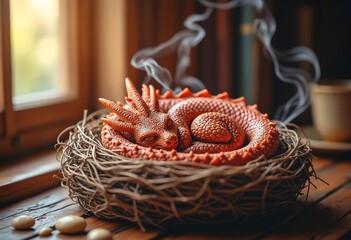 A tiny red dragon curled up asleep inside a nest