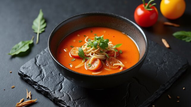 A rich, tomato-based soup garnished with fresh herbs in a rustic bowl on a dark slate surface.