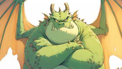Grumpy green cartoon dragon with wings isolated on white background