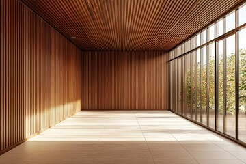Fototapeta premium Minimalist office interior with wood slat wall paneling, wooden ceiling, and a glass door on the right side.