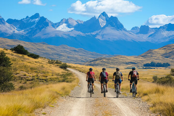 Fototapeta premium A group of friends cycling on a flat trail with mountains in the distance