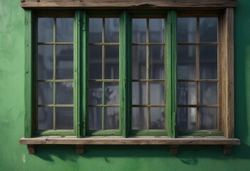 Wooden window frames with green paint peeling off, character, shabby chic