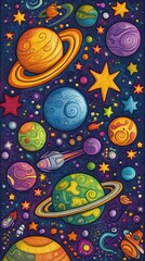Naklejka premium Whimsical Cosmic Scene Featuring Planets Stars and Rockets