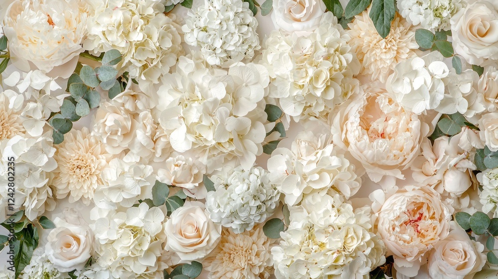 Poster A stunning array of white and cream flowers fills the space, creating a serene atmosphere. Different blooms interlace, highlighting their unique textures and forms