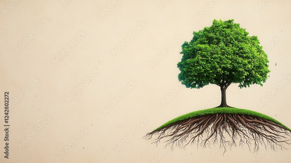Poster vibrant tree with deep roots on abstract background