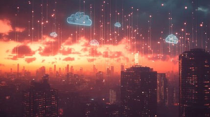 Fototapeta premium Cloud Data Network Over Illuminated Cityscape at Sunset