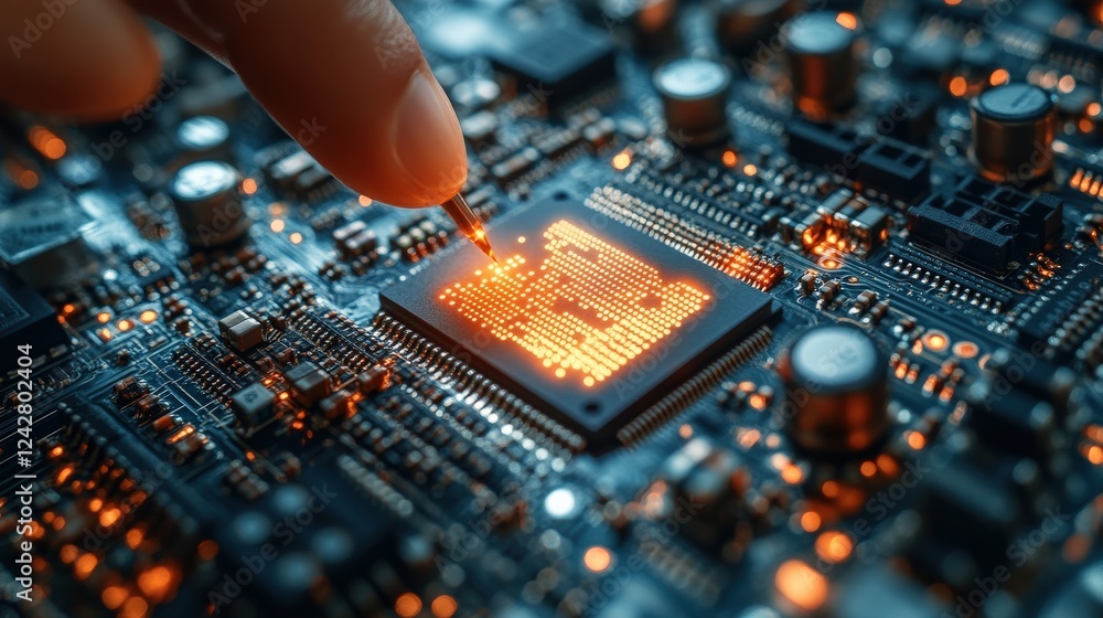 Poster close-up of a hand delicately interacting with a glowing microchip on a circuit board