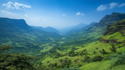 Naklejka premium A scenic mountain range with lush green valleys under a clear blue sky