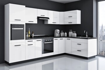 Modern white kitchen, city view, cooking appliances, minimalist design, home interior