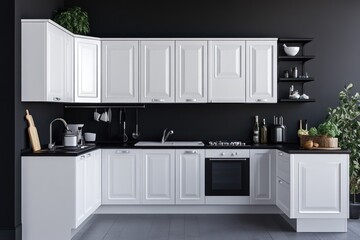 Modern white kitchen, L-shape design, dark wall, plants, cooking