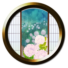 丸窓から見える雨降る紫陽花のある風景