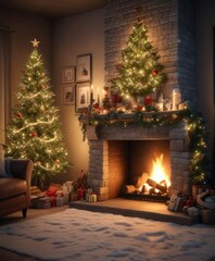 Winter wonderland around a fireplace with Christmas tree, frosty atmosphere, snowflakes falling