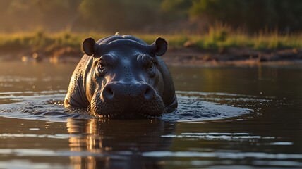 massive hippo emerging from a calm river at sunrise, water dripping from its thick skin generated ai