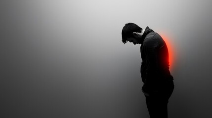 Man with back pain, studio shot, gray background, healthcare